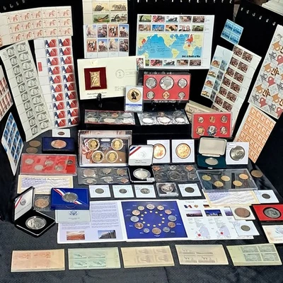 Estate Sale Junk Drawer Coin Lot Over 90 Coins & Stamps with Over $30 Face Value - Image 1 of 4