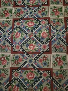 Beautiful vintage small squares print fabric material gray blue pinks roses chic - Picture 1 of 2