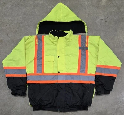 HIGH VISIBILITY Winter Coat Men XL Yellow Safety Workwear Detachable Hood Jacket - Image 1 of 4