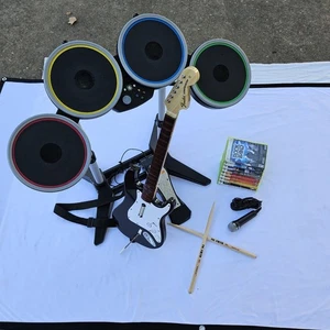 XBOX 360 Rock Band Bundle Guitar 8 Games Mic Drumstick Drum Set COMPLETE TESTED! - Picture 1 of 20