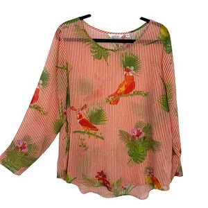 Top de gasa transparente Lemon Way talla XL tropical pájaro loro manga larga pulóver - Imagen 1 de 10