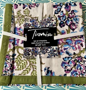 TIRAMISU Spring Floral 100% Cotton 20X20 Cloth Napkins Set of 4 Green Blue NEW - Picture 1 of 3