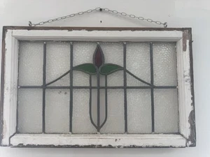 Antique Old English Leaded Stained Glass Window, Original Wood Frame - Picture 1 of 2