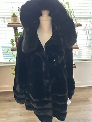 Gallery New York Women’s Faux Fur Coat Snap Front Hooded Satin Lining Size L - Image 1 of 4
