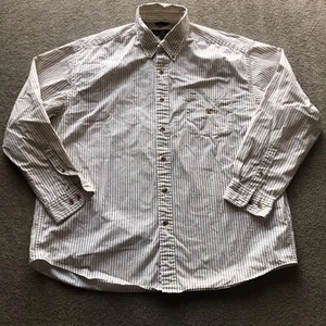 Woods & Woods Shirt Men’s XL 100% Cotton Vertical Stripe Beige White Long Sleeve - Picture 1 of 10