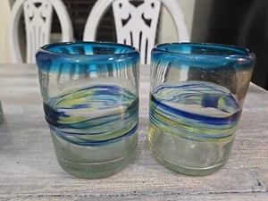 Hand Blown Mexican Tumblers Cups Green Striped Bands Bubble Glasses Blue Rim - Picture 1 of 3
