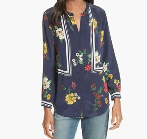Joie Aisa B Floral Print Navy Silk V-Neck Blouse With White Striped - Picture 1 of 8
