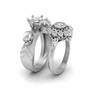 Octagon Simulated Diamond Matching Skull Engagement Ring Set Couples Skull Rings - Picture 1 of 12