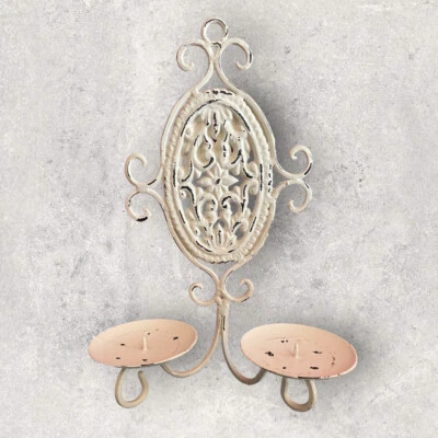 WaIl Sconce Iron White DBL Pillar Candle 19” H French Country Decoration Gothic - Image 1 of 4