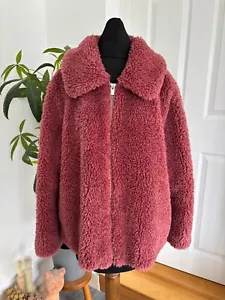 M&S Faux Fur Teddy Jacket Women's Size 16 Berry Dusky Pink Full Zip Collared - Picture 1 of 7