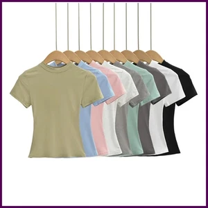 2025 Nueva Camiseta Informal de Alta Calidad Sexy Delgada Mangas Cortas Moda Tendencia Sólida - Imagen 1 de 31