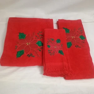 Set 4 Vintage Christmas Red Embroidered Poinsettia Bath Hand & Fingertip Towels - Picture 1 of 10