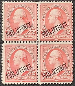Filipinas 1899 Sello Sobreimpresión 2 Centavos Scott 214 Rojo Bloque De 4 Sin Usar - Imagen 1 de 3