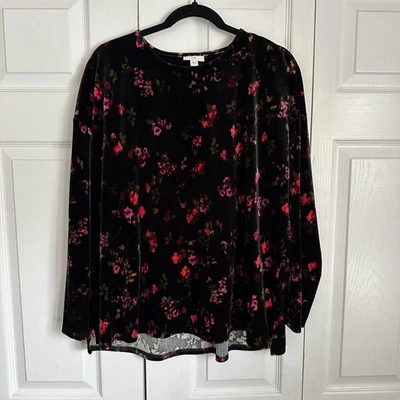 Camisa Jill Mujer L Negra Terciopelo Oscuro Floral Manga Larga Elastizada Pullover Boho Foto 1 de 4