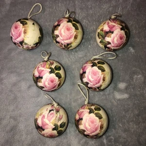 Floral Rose Christmas Ornaments Set of 7 Pink Roses Hanging Tree Victorian Style - Picture 1 of 8