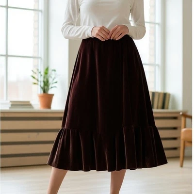 Lauren Ralph Lauren Women Brown Velvet Midi Skirt Ruffle Hem 14 Whimsigoth Fairy - Image 1 of 4