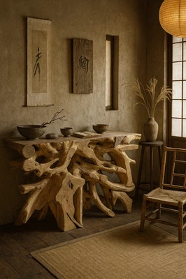 47 Inch Teak Root Console Table Natural Wood Entryway Rustic Handmade Decor - Image 1 of 4