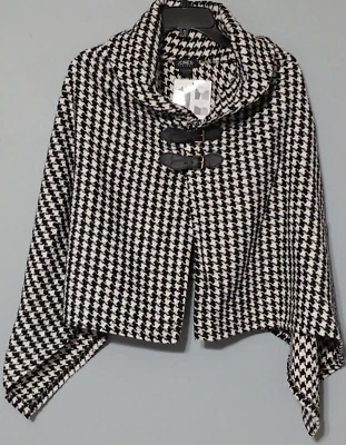 Jones New York Capa Chal Hombro Poncho Abrigo Mujer Negro Blanco Hebilla a Presión Foto 1 de 4