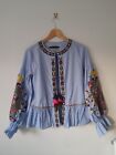 Zara Blue Striped Embroidered Open Baloon Sleeve Blouse Top Xs 10 12 Uk Bohoo