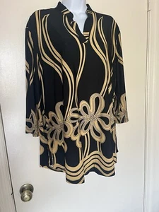 Women’s BaiShengGT Black W/tan Designs 3/4 Sleeve Pullover Blouse Sz 2XL - Picture 1 of 6