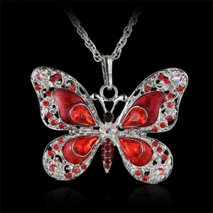 Fashion Red Butterfly Rhinestone Crystal Pendant Necklace - Picture 1 of 5