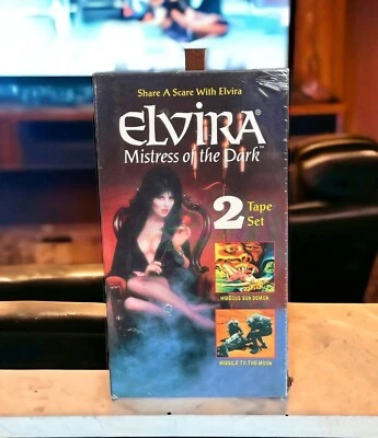 Vintage ELVIRA VHS 2 Tape Set Hideous Sun Demon & Missile To The Moon - Image 1 of 4