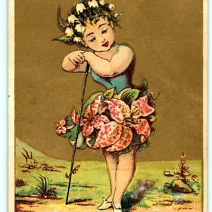Bailarina de la década de 1880 niña flor lirio vestido corona bastón victoriano tarjeta comercial C15 - Imagen 1 de 3