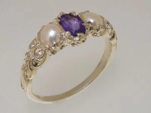 10ct White Gold Natural Amethyst & Pearl Womens Trilogy Ring - Sizes J to Z - Picture 1 of 1