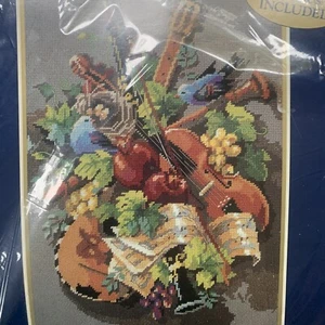 Nature's Music Needlepoint Kit NIP 12x16 Violin Lute Grapes Birds Horns - Picture 1 of 9