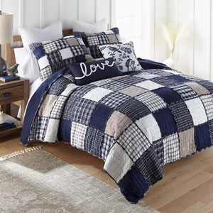 Donna Sharp Checkerboard Indigo Cotton Plaid Patchwork Queen Quilt Set Blue Tan - Picture 1 of 6
