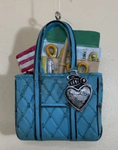 Quilting Bee Christmas Ornament Blue bag with quilting supplies 2" - Picture 1 of 6