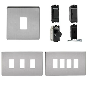 Varilight Placas de rejilla eléctrica de acero cepillado sin tornillos y módulos de interruptor negro atenuador - Imagen 1 de 44