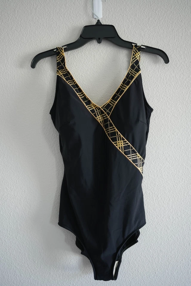 Винтажный цельный купальник Roxanne черное золото геометрический 14/36/D 14 36 D США - Изображение 1 из 4