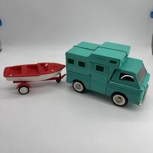 Vintage Structo Camper Truck & Boat w/ Trailer Pressed Steel Toy # 304 - Picture 1 of 24