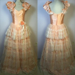 Vestido De Colección Años 80 Coqueteo Baile de graduación (Pecho 35", Cintura 30") Melocotón Satinado Encaje - Imagen 1 de 21