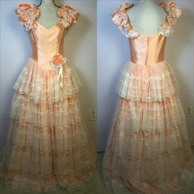 Vtg 1980s Flirtations Prom Gown Dress (Chest 35", Waist 30") Peach Satin Lace - Image 1 of 4