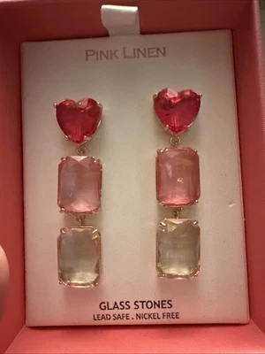 Pink Linen Heart Emerald Cut Glass Stone Pink Dangle Drop Fashion Style Earrings - Image 1 of 4