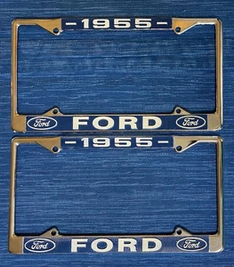VTG 1955 Ford Chrome Pair Set Booster License Plate Frame Fairlane Thunderbird - Picture 1 of 2