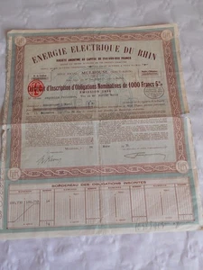 Vintage share certificate Stock bonds actions Energie Electrique du Rhin 1930 - Picture 1 of 4