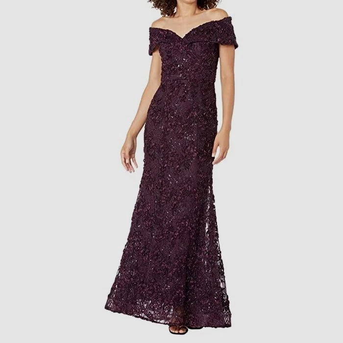 Xscape Womens Purple Floral Lace Off-The-Shoulder Dress Size 12
