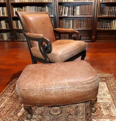 Georgian-style Henredon Accent Full Grain Leather Chair with a Matching Ottoman - Image 1 of 4