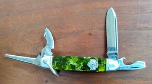 GIRL SCOUT FEATHERWEIGHT 4 BLADE TOOL FOLDING KNIFE GREEN MARBLE UTICA NY USA 🔪 - Picture 1 of 5