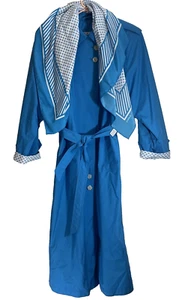 Vtg J Gallery Petite Womens Aqua Blue Sz 12 Trench Rain Coat Belted Head Scarf - Picture 1 of 20