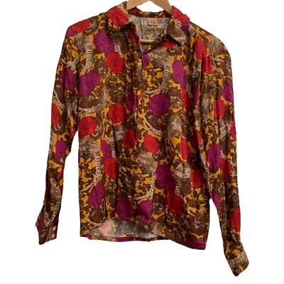 Camisa con botones flor dorada tallada con volantes para mujer talla pequeña rayón Foto 1 de 4