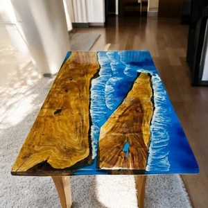 Blue Resin River Epoxy Dining Table Handmade Acacia Wood Furniture Home Decor - Picture 1 of 12