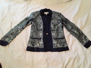 Michael Kors Navy & Green Paisley Bandana Blazer with Gold Details- Size 2 - Picture 1 of 18