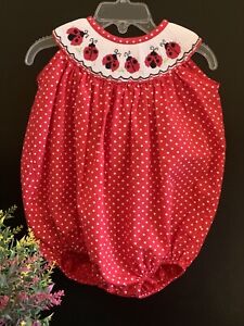 CASTLES AND CROWNS Ladybug Smocked Baby Girl 12M Red Dot Bubble Romper Jumpsuit
