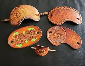 Lot 5 Leather Hair Barrettes w Sticks Hand Tooled Celestial Ponytail Slide Bun - Picture 1 of 10