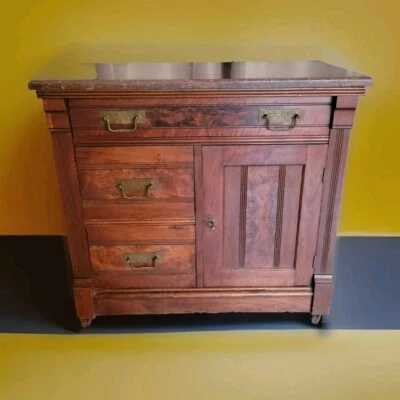 Antique Brown Marble Top Dry Sink Wash Stand Cross Key Door Lock 3 Drawer  - Image 1 of 4