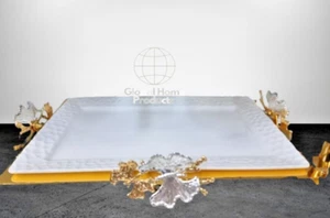 White Platter Serving Tray Gilded Flower Handle Dessert Cake Gift - Picture 1 of 4